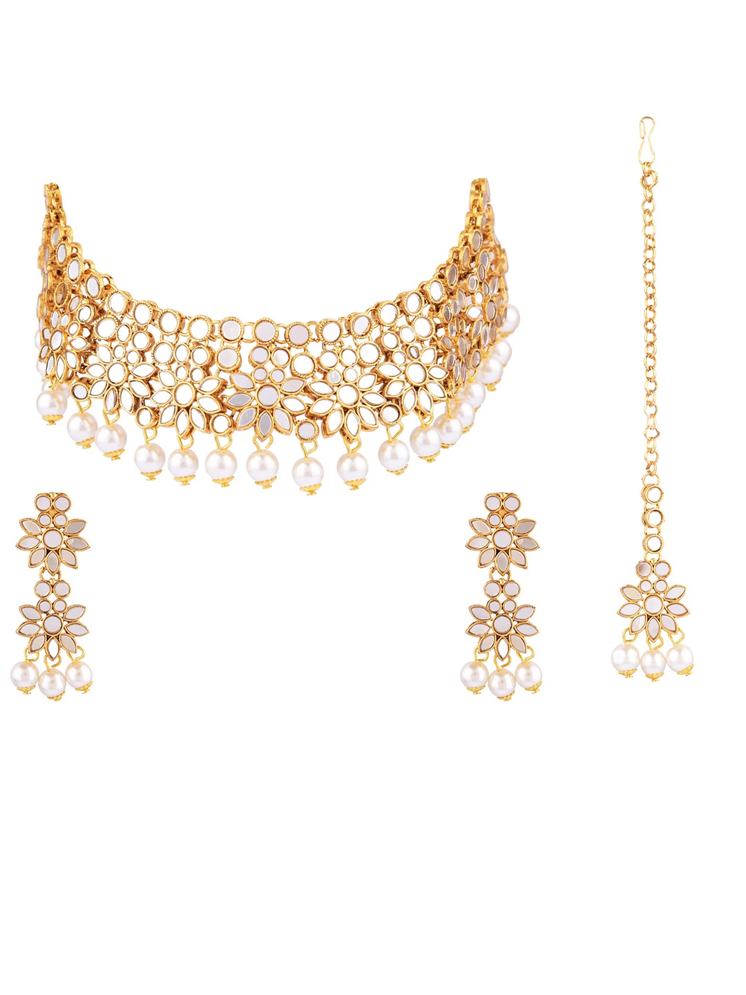 

FEMMIBELLA 24K Gold-Plated White Kundan Studded & Pearl Beaded Mirror Jewellery Set