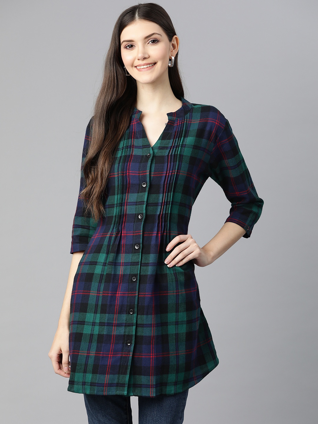 

One Femme Green & Navy Blue Mandarin Collar Checked Tunic