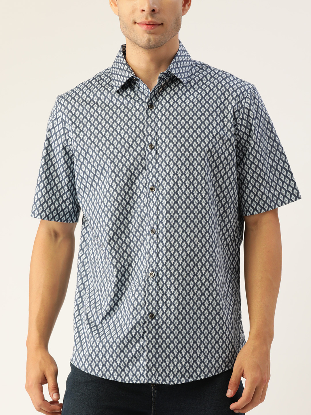 

Macy's Alfani Men Blue Pure Cotton Geometric Printed Casual Shirt
