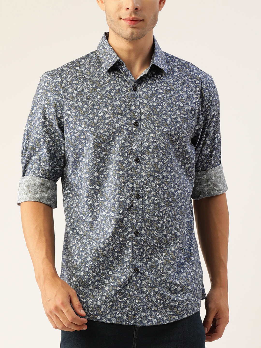 

Macy's Alfani Men Navy Blue Pure Cotton Micro Floral Printed Casual Shirt