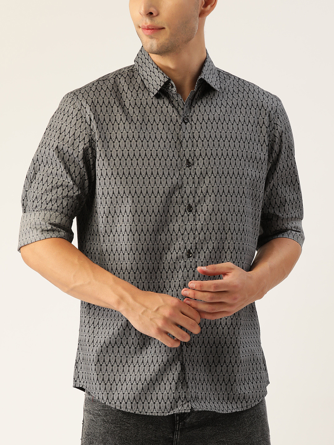 

Macy's Alfani Men Black & Grey Pure Cotton Ethnic Motifs Printed Casual Shirt