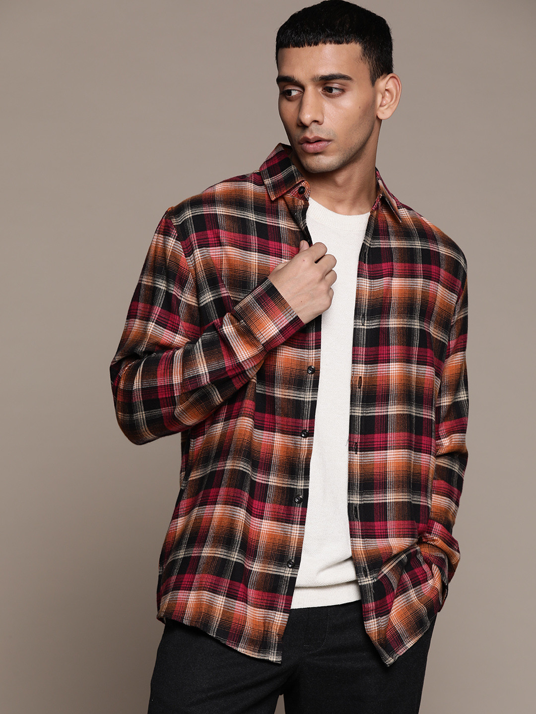 

Macy's Alfani Men Black & Burgundy Checked Casual Flannel Shirt