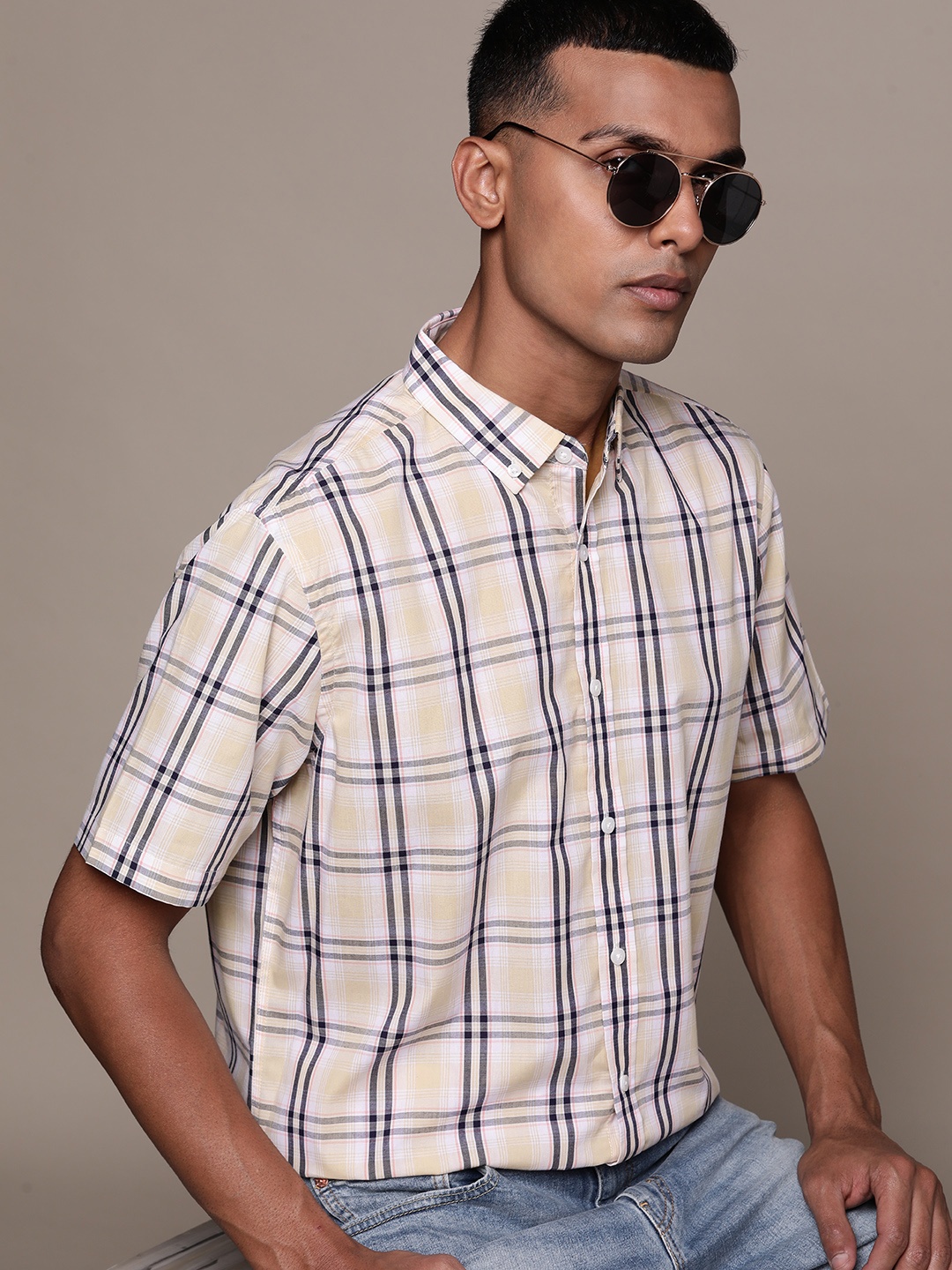 

Macy's Club Room Men Yellow Classic Tartan Checks Checked Casual Shirt