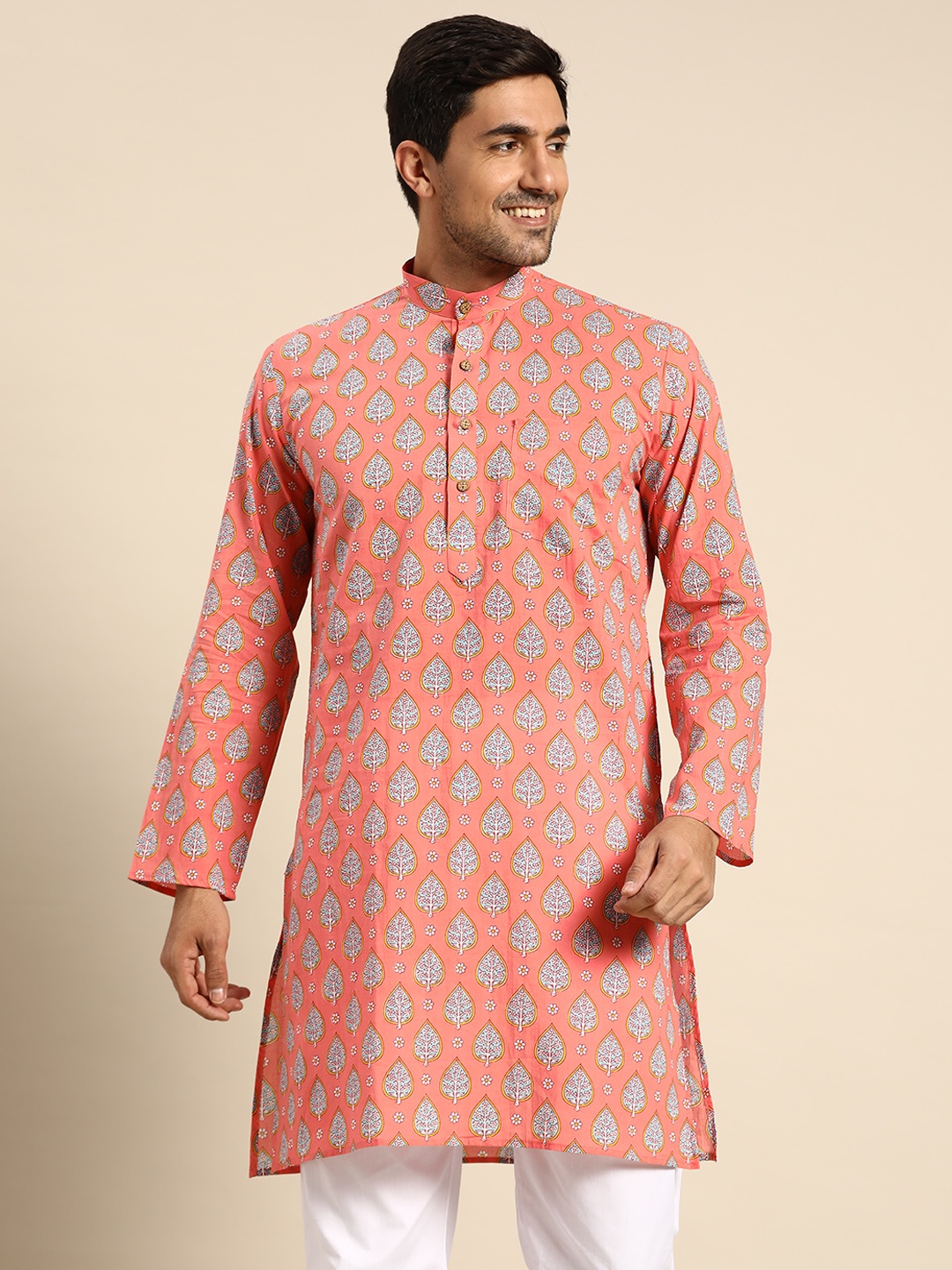 

RAJUBHAI HARGOVINDAS Men Coral & Blue Ethnic Motifs Printed Handloom Kurta