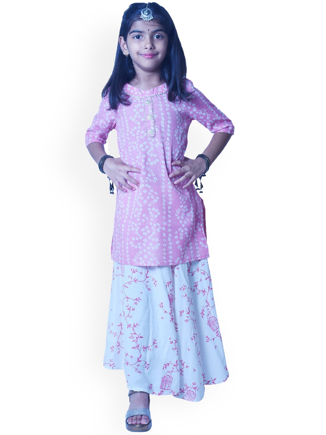 

Misbis Girls Pink Bandhani print Kurta with Skirt & With Dupatta