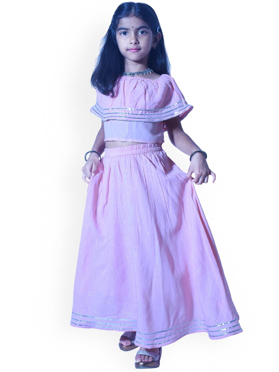 

misbis Girls Pink Layered Kurta with Skirt