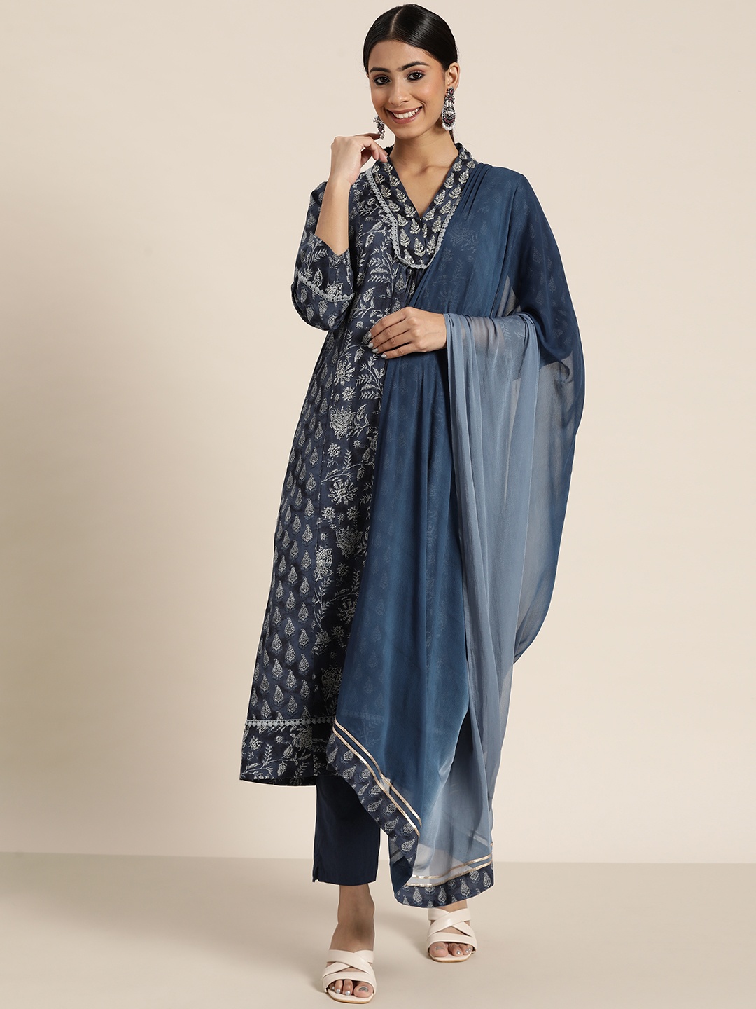 

Rain & Rainbow Navy Blue Ethnic Motifs Printed Pure Cotton Kurta with Trousers & Dupatta