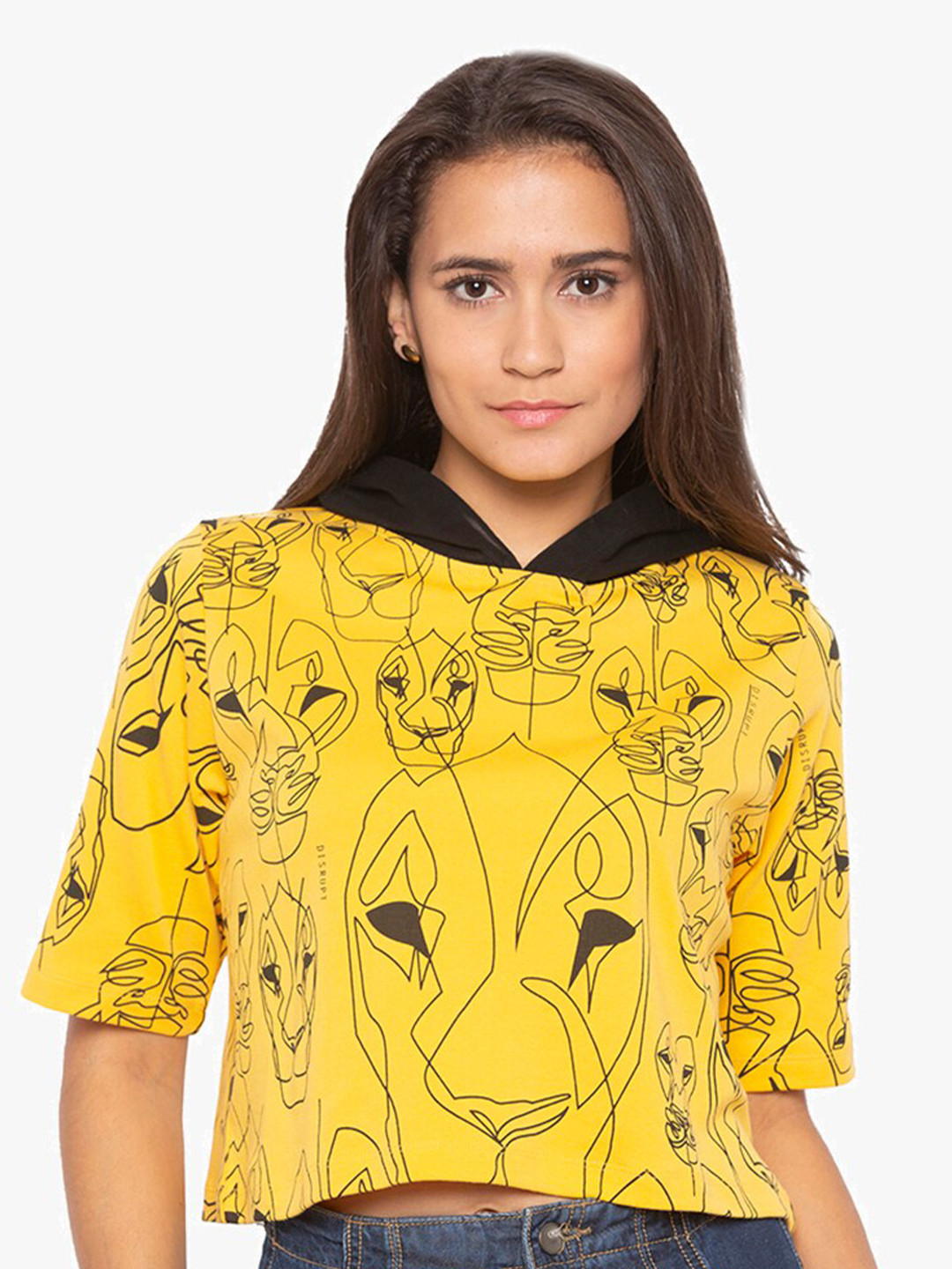 

Disrupt Women Yellow Printed Hooded Sweatshirt