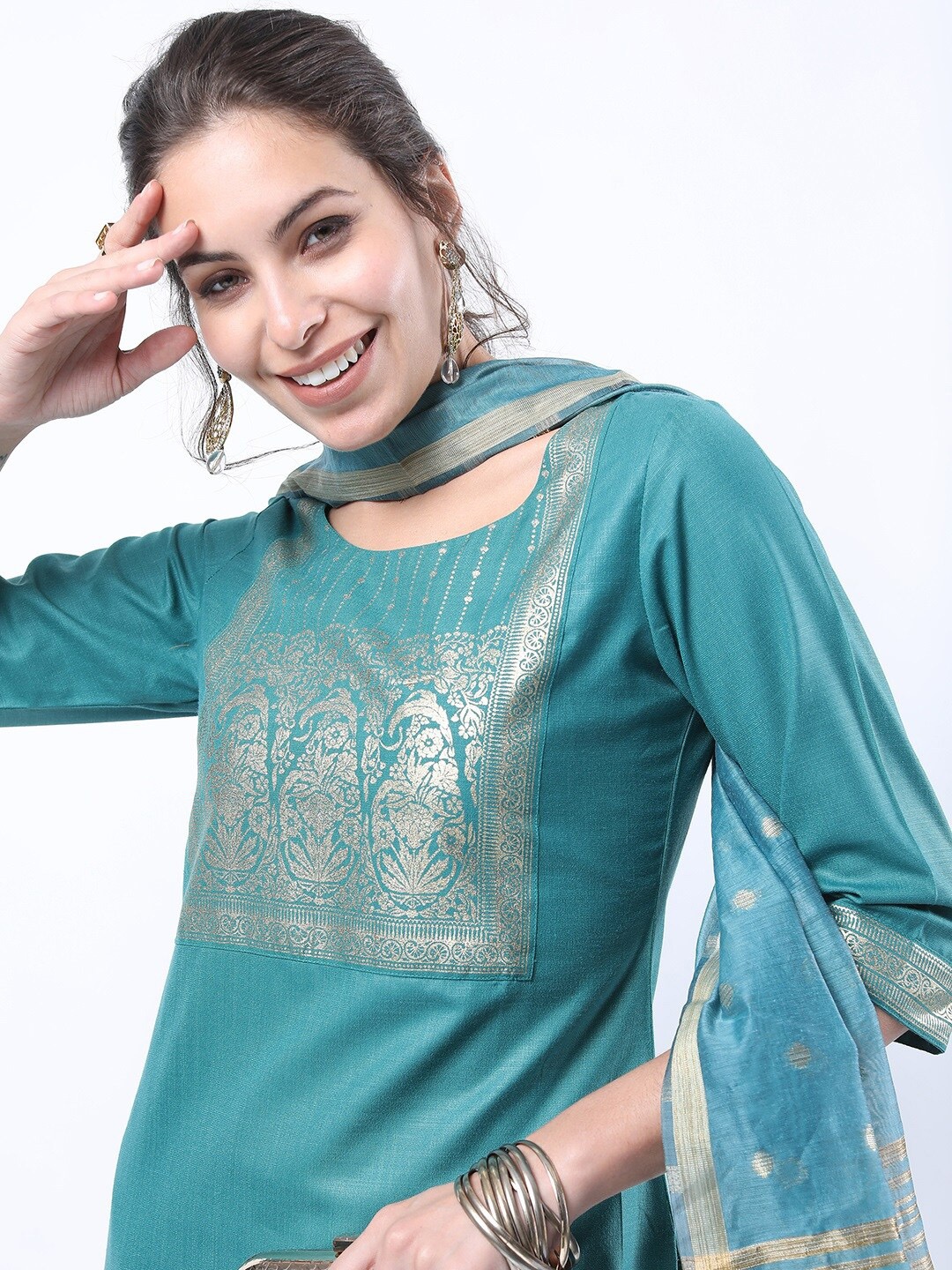 

KETCH Women Navy Blue Floral Printed Kurta with Palazzos & With Dupatta