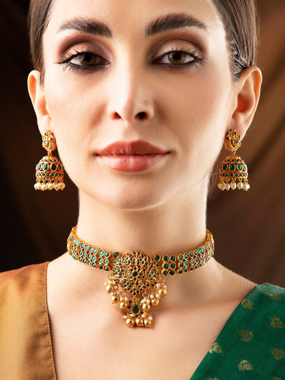 

Rubans Gold-Plated Green Stone-Studded Temple Necklace Beaded Jewellery Set
