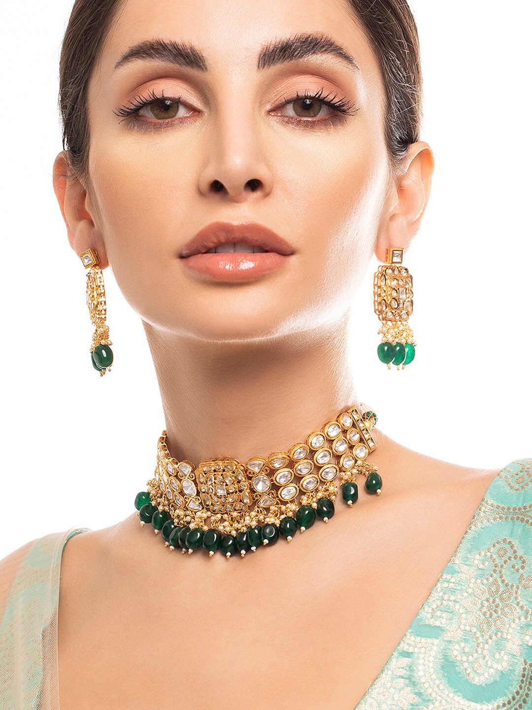 

Rubans Gold-Plated White & Green Kundan-Studded & Pearl Beaded Jewellery Set