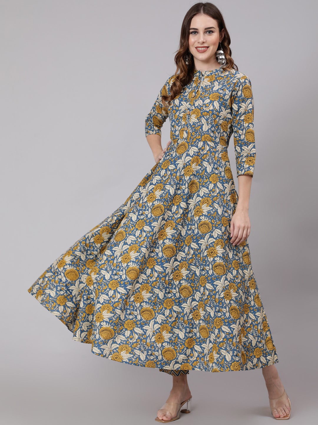 

GLAM ROOTS Women Blue Floral Printed High Slit Gotta Patti Pure Cotton Kurti with Trousers