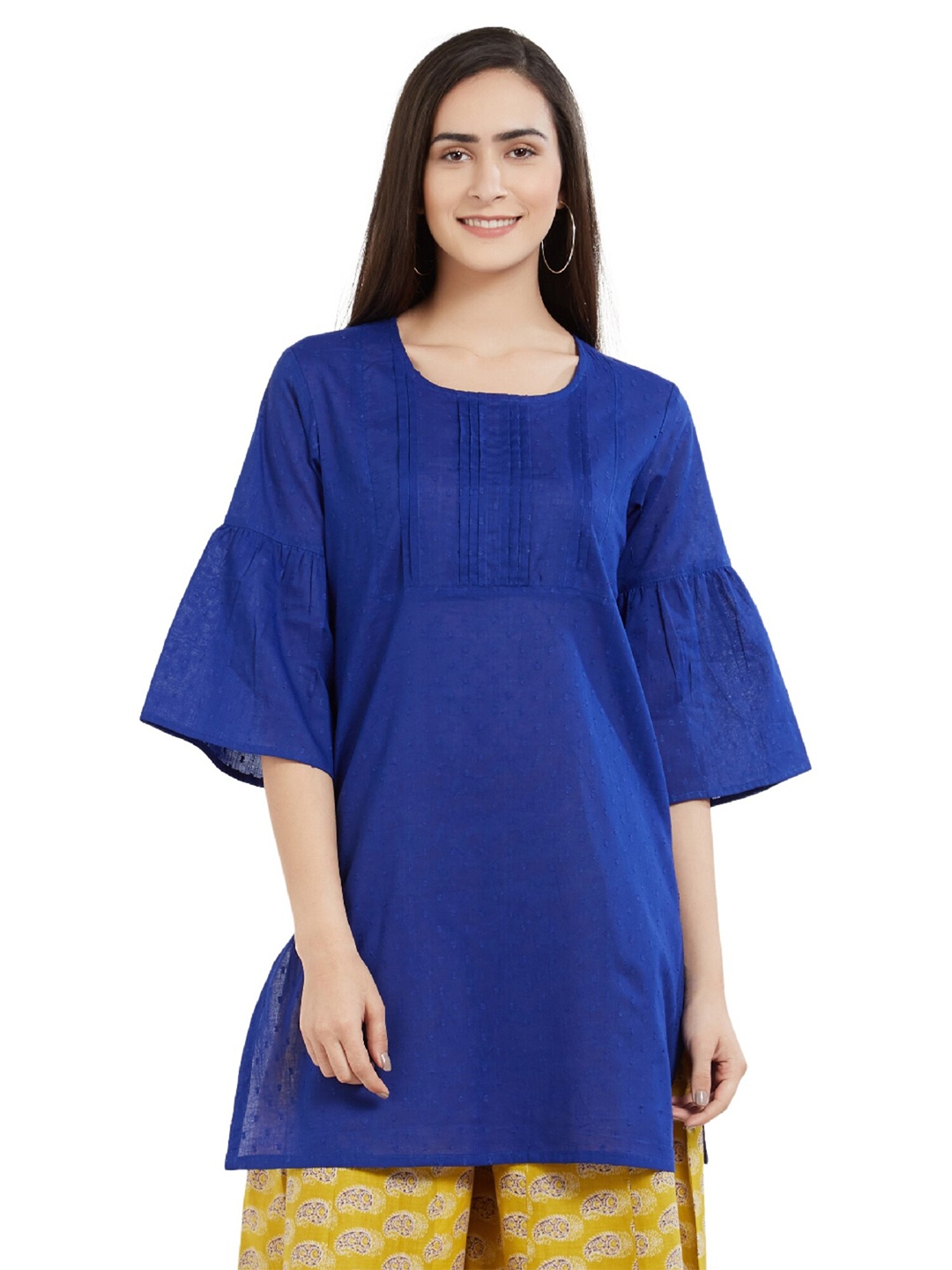 

Desi Weavess Blue Flared Sleeves Pure Cotton Pleated Kurti