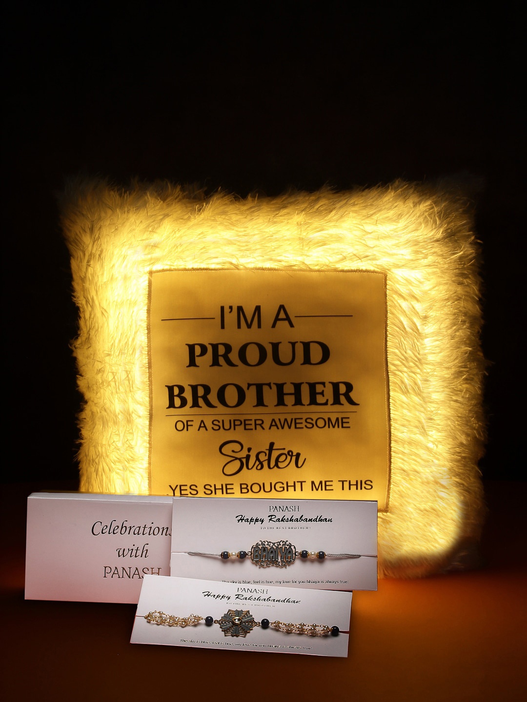 

PANASH Gold-Plated Brass Bhaiya Bhabhi Rakhi with LED Pillow