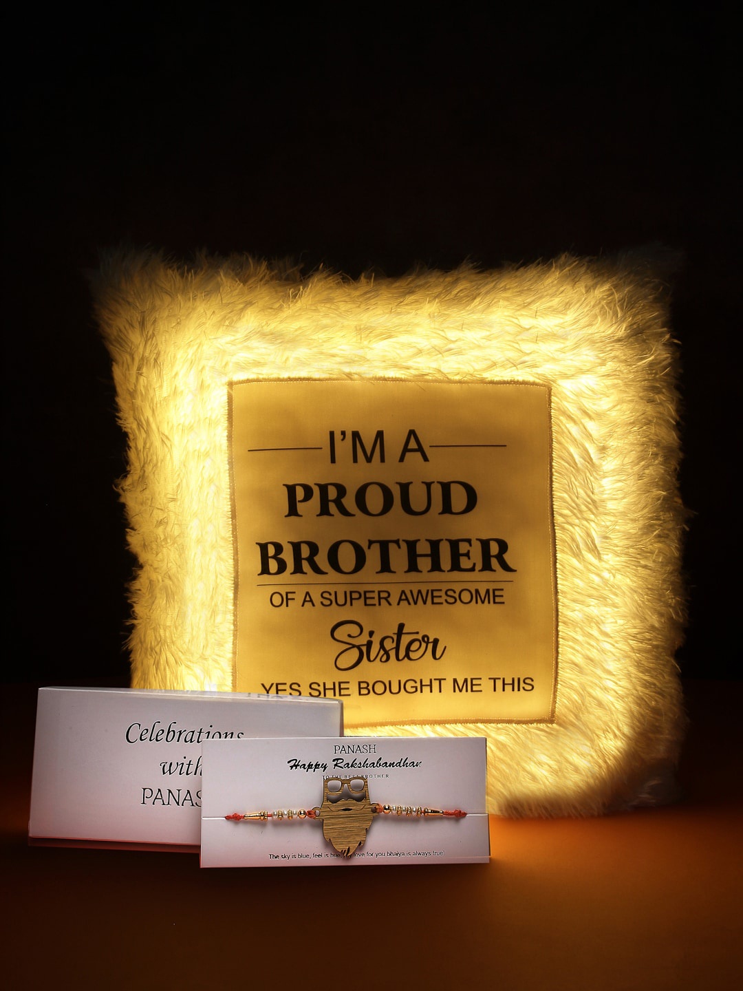 

PANASH Gold-Toned Fancy Rakhi with LED Pillow Gift Set