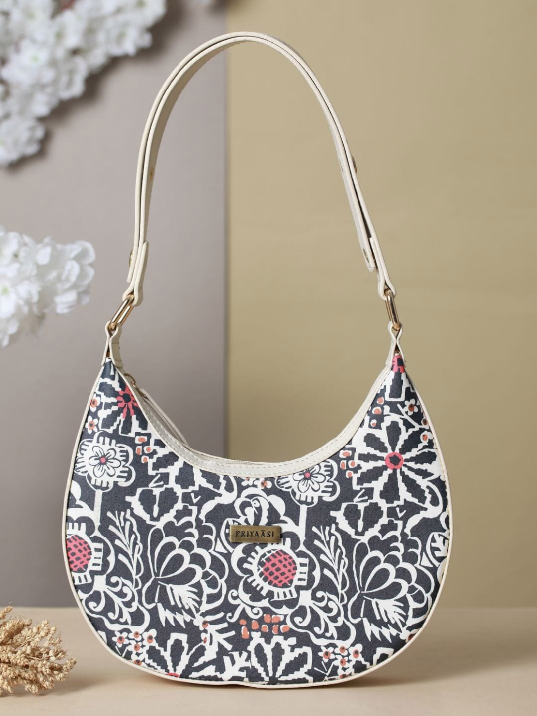 

Priyaasi Black & White Floral Printed PU Structured Handheld Bag