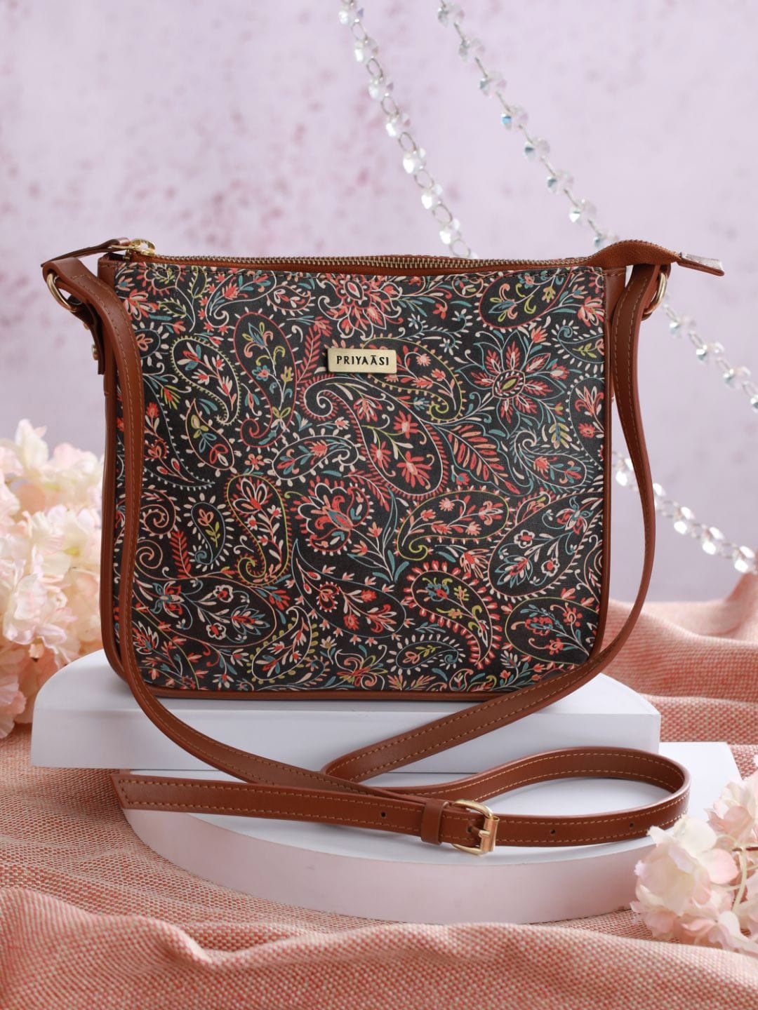 

Priyaasi Brown Floral Printed PU Structured Sling Bag