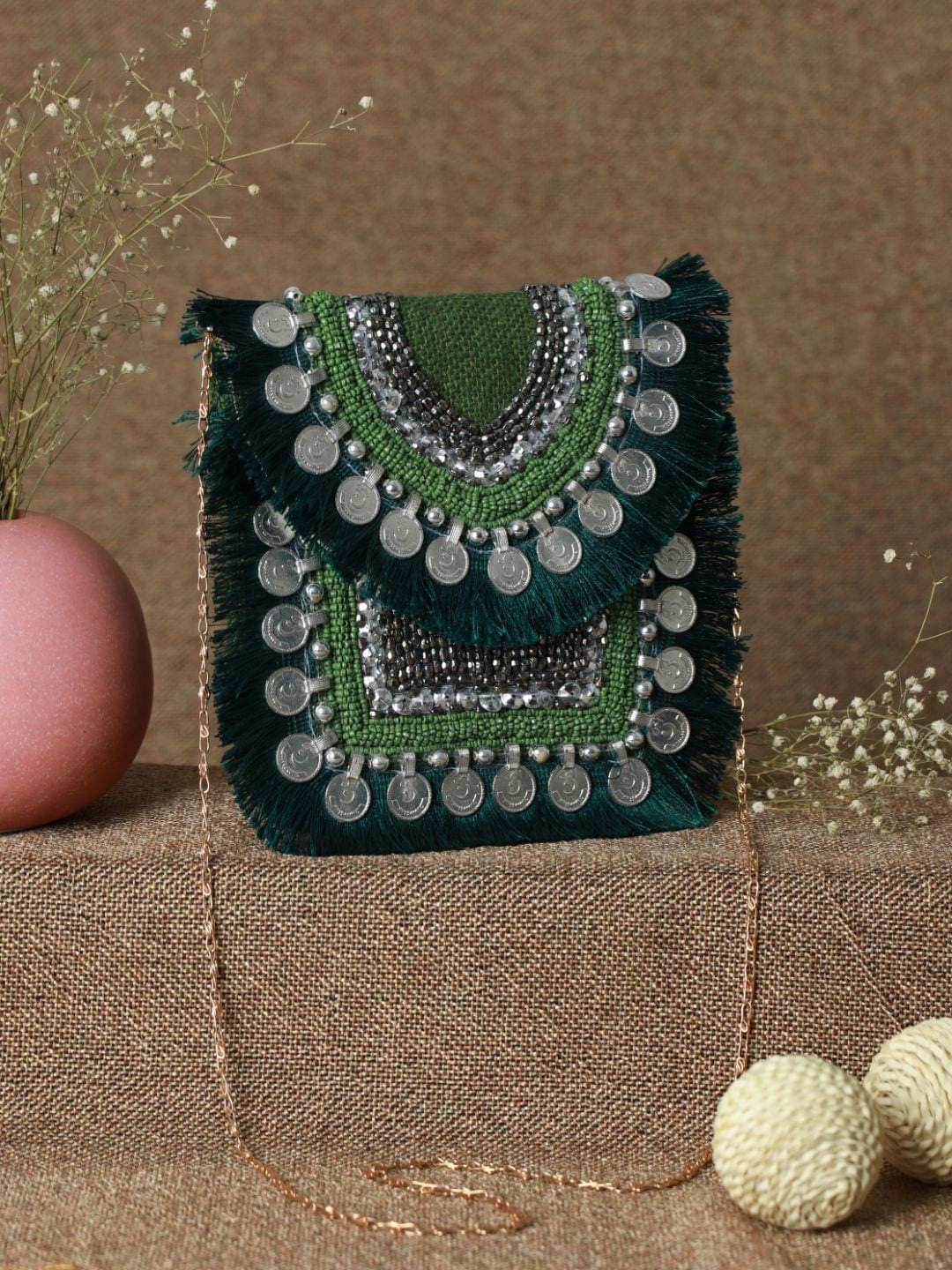 Priyaasi Green Embellished Oversized Structured Sling Bag