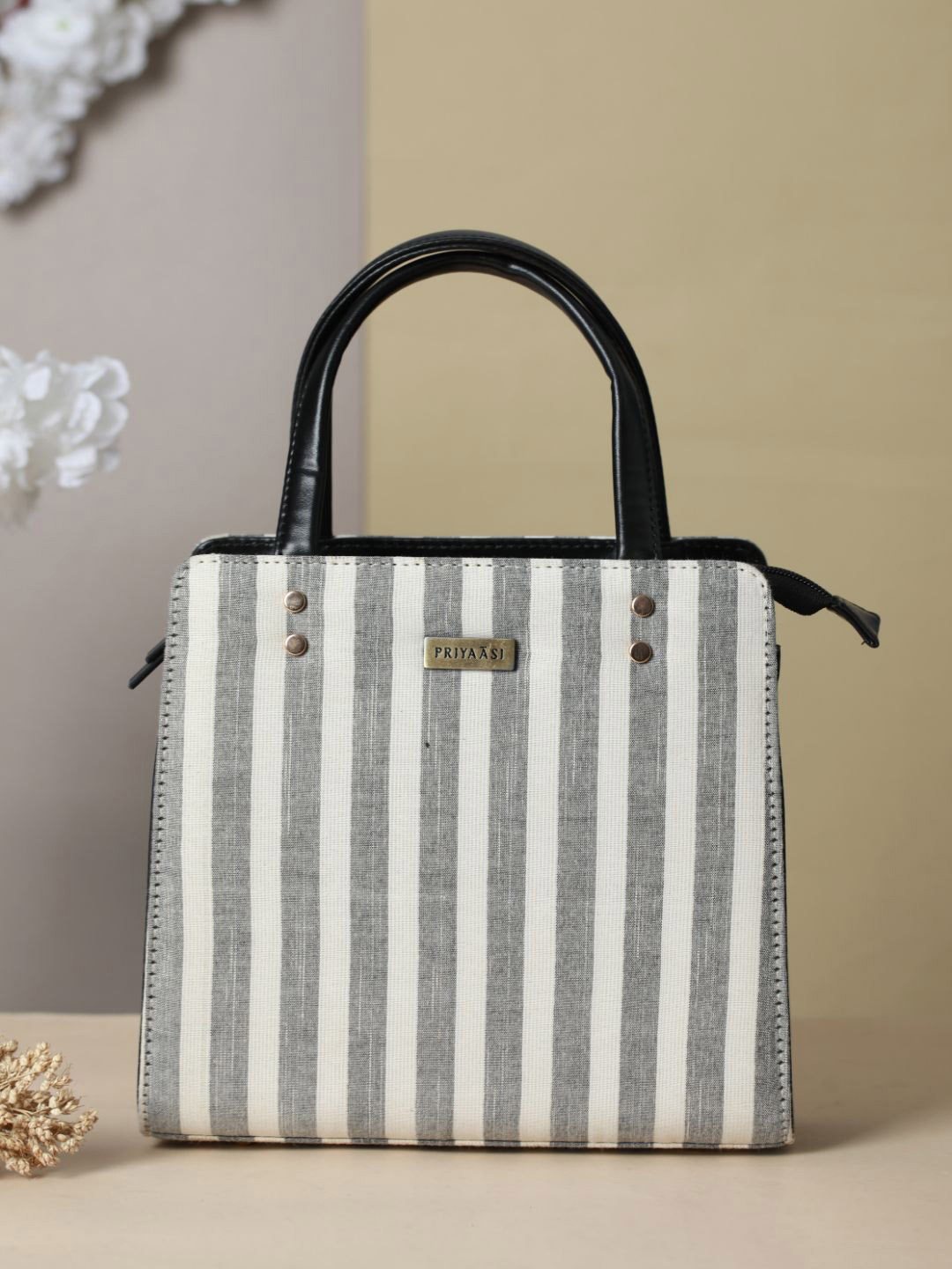 

Priyaasi Grey Striped PU Structured Shoulder Bag with Tasselled