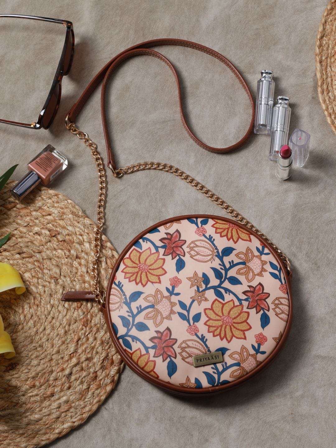 

Priyaasi Peach Floral Printed PU Structured Sling Bag