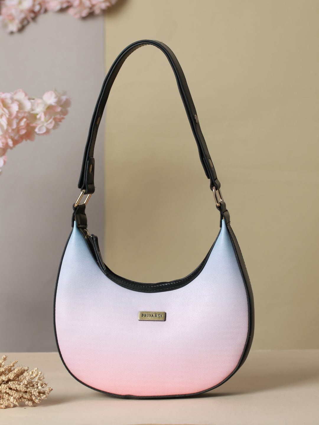 

Priyaasi Pink Colourblocked PU Half Moon Handheld Bag