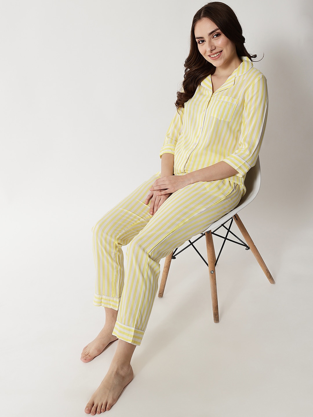 

Kashana Women Yellow & White Striped Night suit