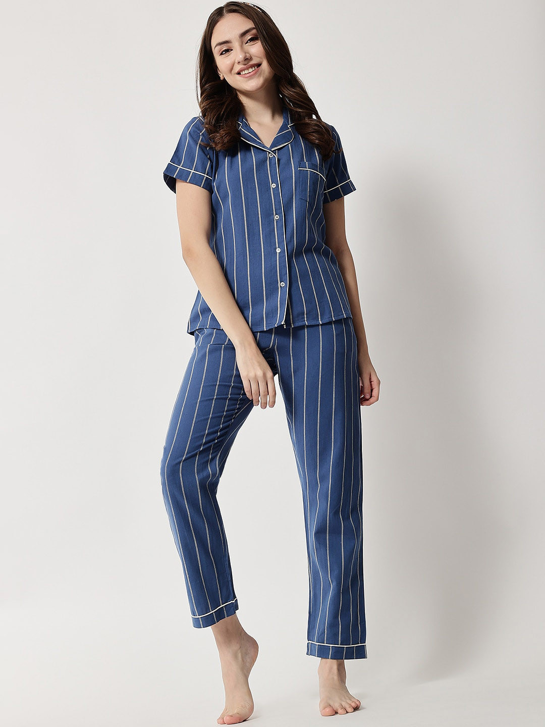 

Kashana Women Blue & White Striped Night suit