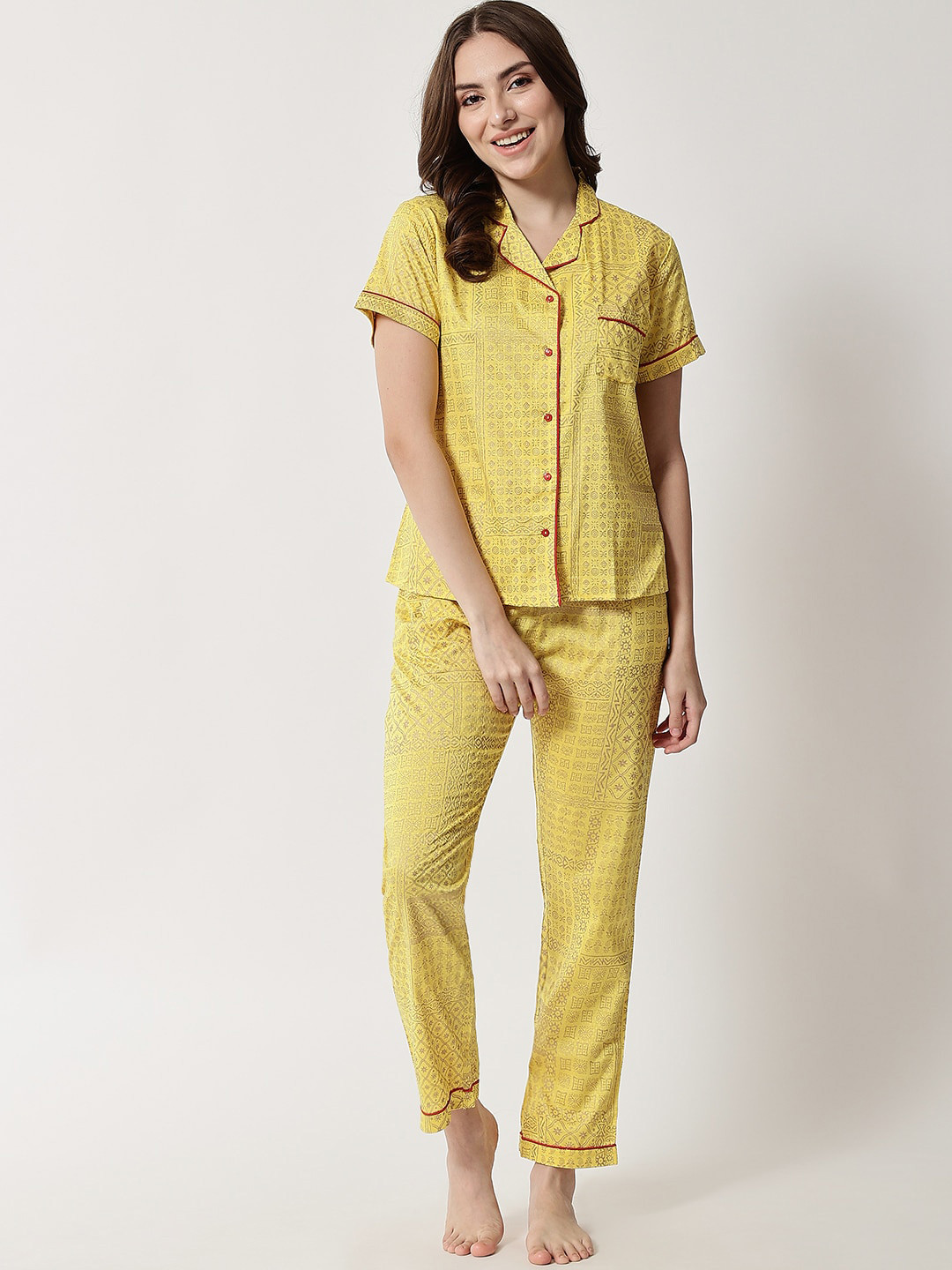 

Kashana Women Yellow & Gold-Toned Printed Night suit