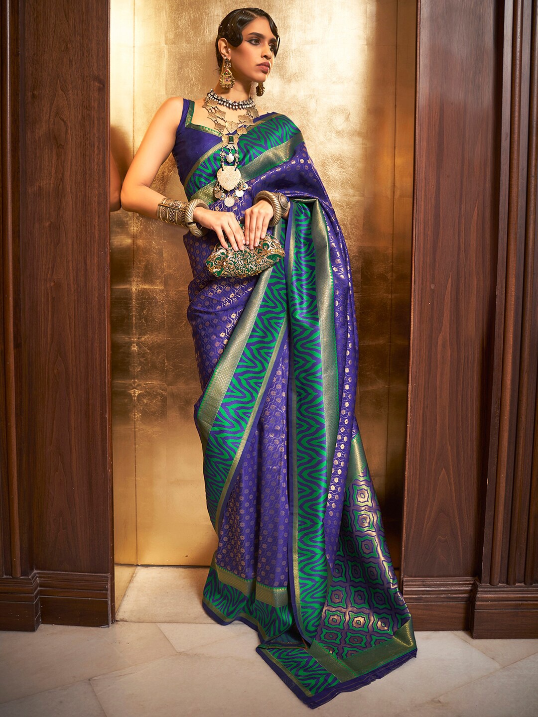 

Mitera Blue & Green Woven Design Silk Blend Banarasi Saree