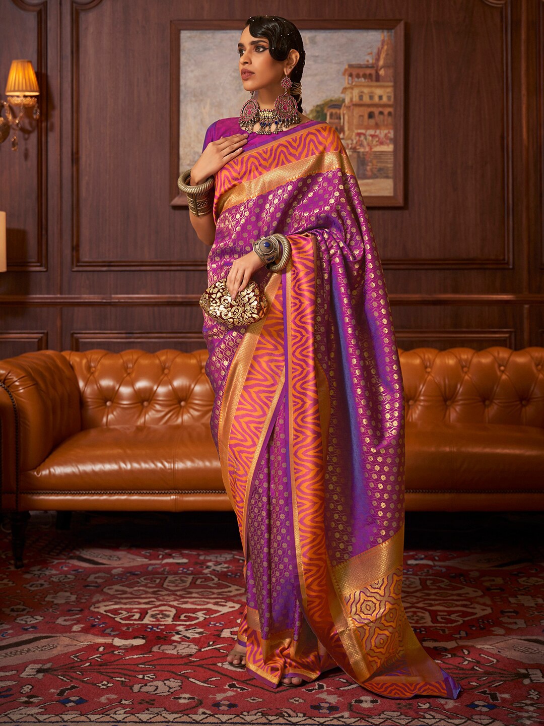 

Mitera Purple & Yellow Paisley Silk Blend Banarasi Saree