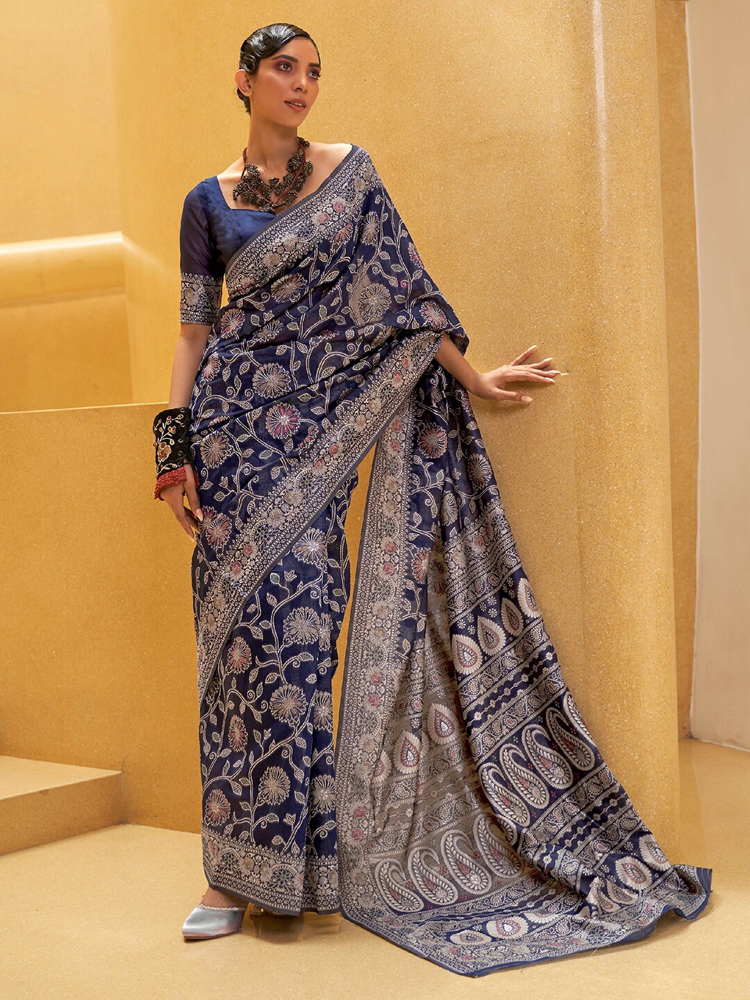

Mitera Navy Blue & Ethnic Motifs Silk Blend Muga Saree