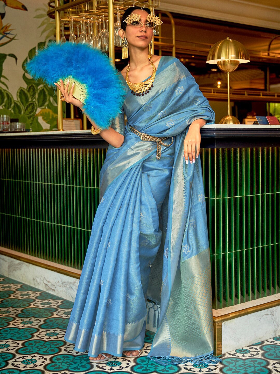 

Mitera Blue Ethnic Motifs Zari Silk Blend Tussar Saree