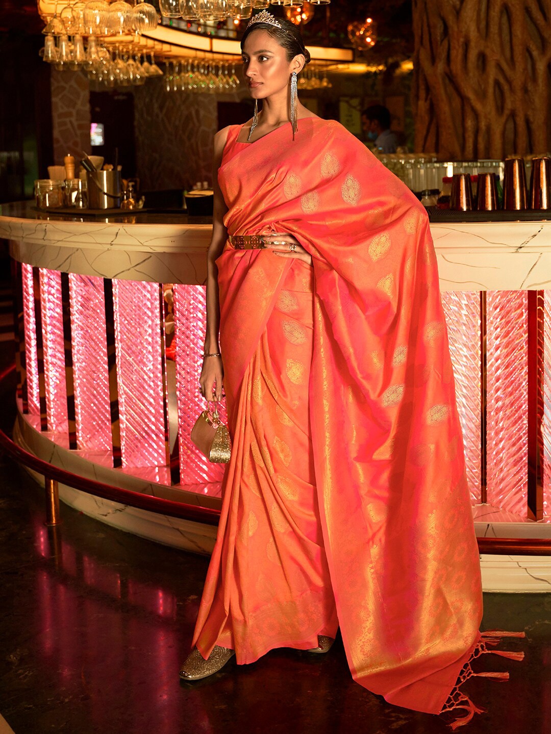 

Mitera Peach-Coloured & Gold-Toned Bagh Silk Blend Banarasi Saree