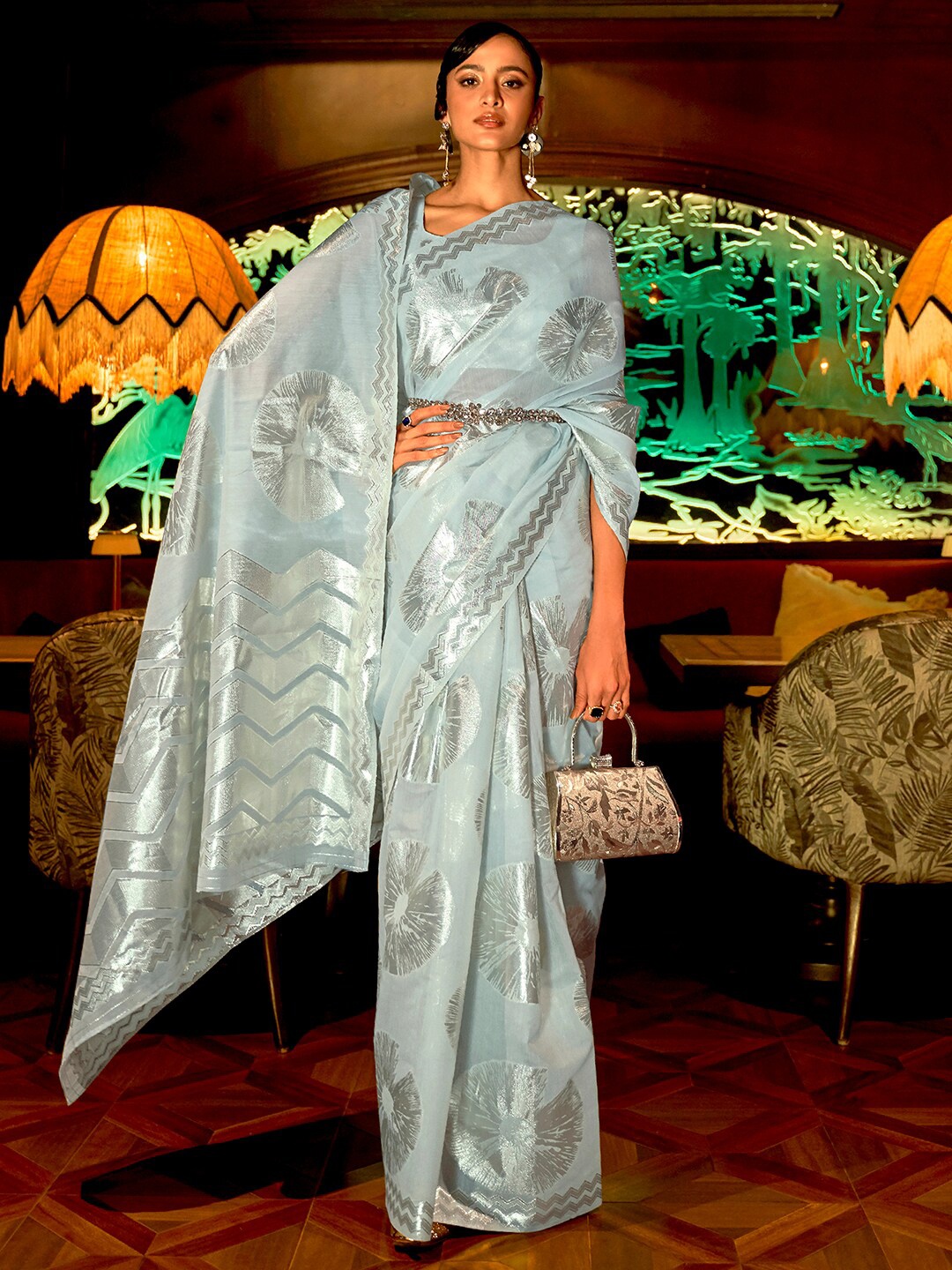 

Mitera Turquoise Blue & Silver-Toned Floral Silk Blend Muga Saree