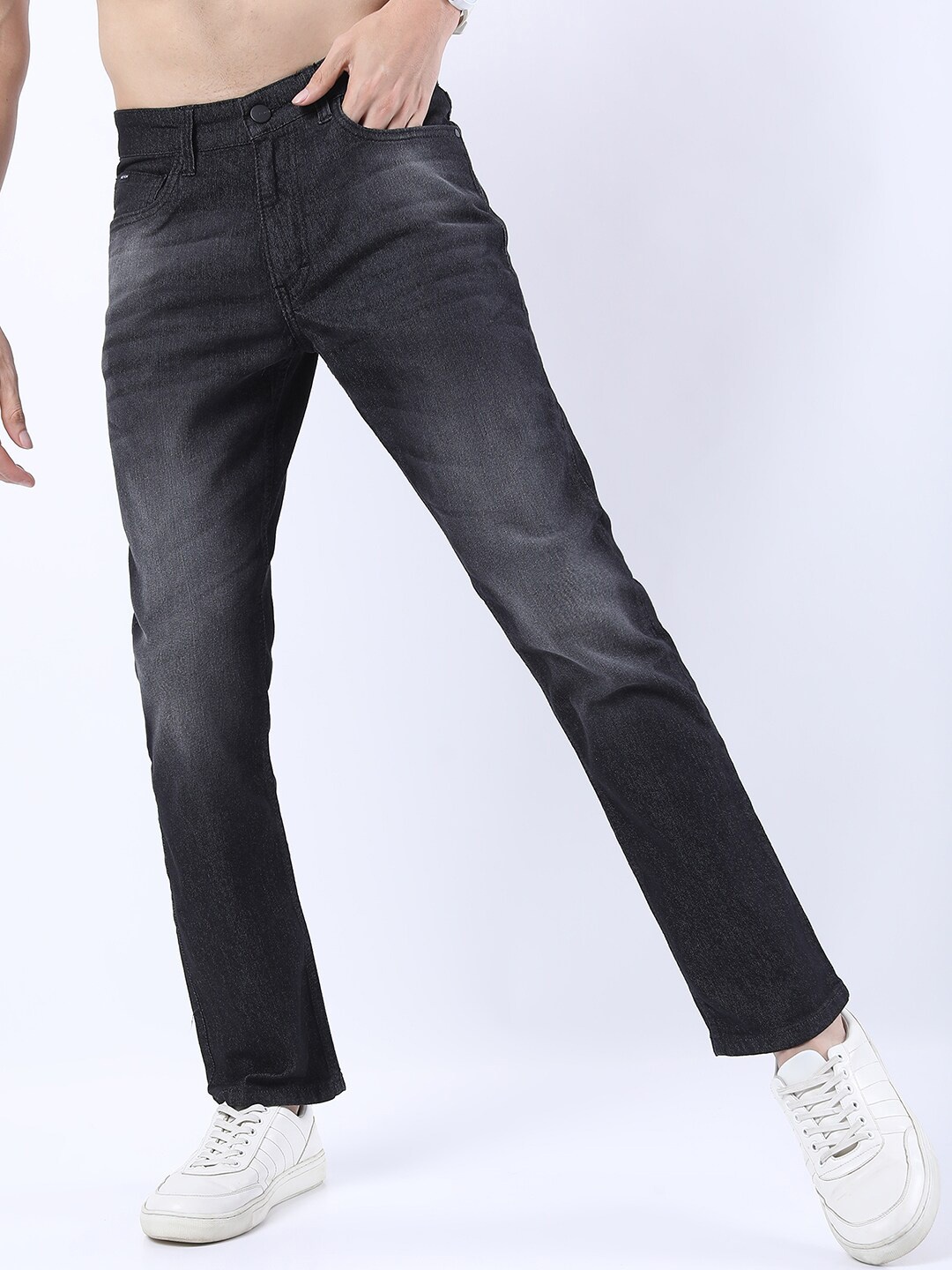 

KETCH Men Charcoal Straight Fit Low Distress Light Fade Stretchable Jeans