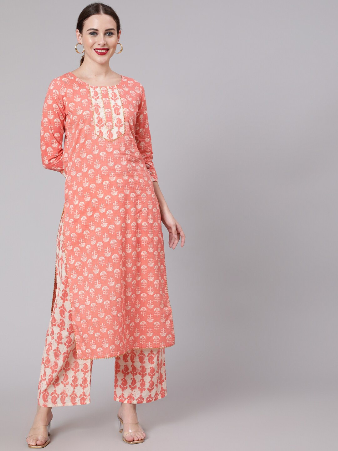 

GLAM ROOTS Women Pink Ethnic Motifs Printed Gotta Patti Pure Cotton Kurta with Trousers