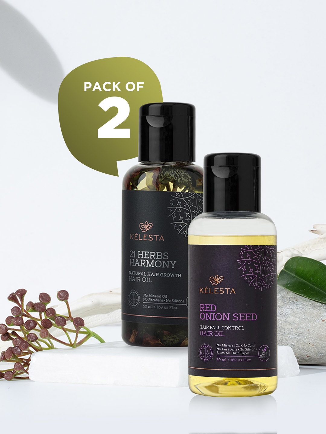 

KELESTA Combo of 21 Herbs Harmony Hair Oil & Red Onion Seed Hair Oil - 50ml Each, Black