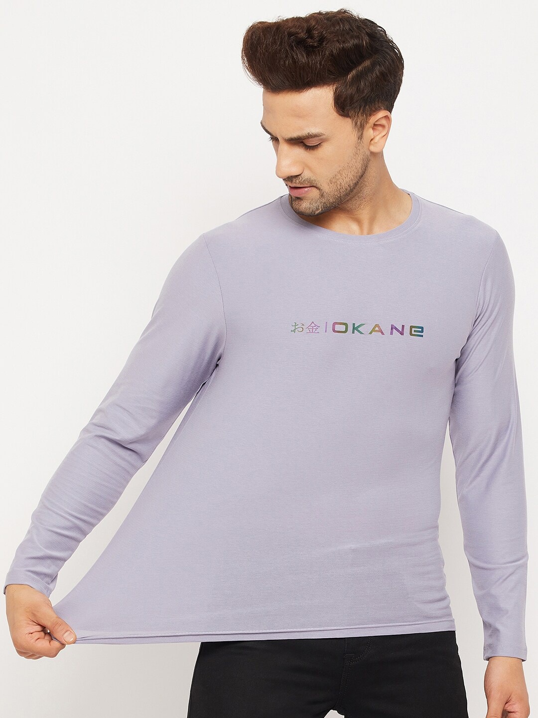 

Okane Men Mauve Long sleeves Typography T-shirt