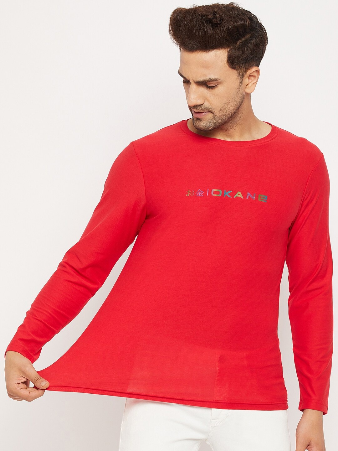 

Okane Men Red Typography Printed T-shirt
