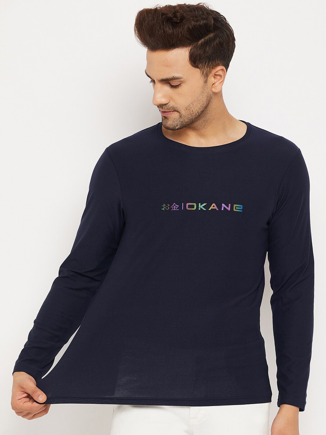 

Okane Men Navy Blue Typography Regular Fit Full Sleeve T-shirt