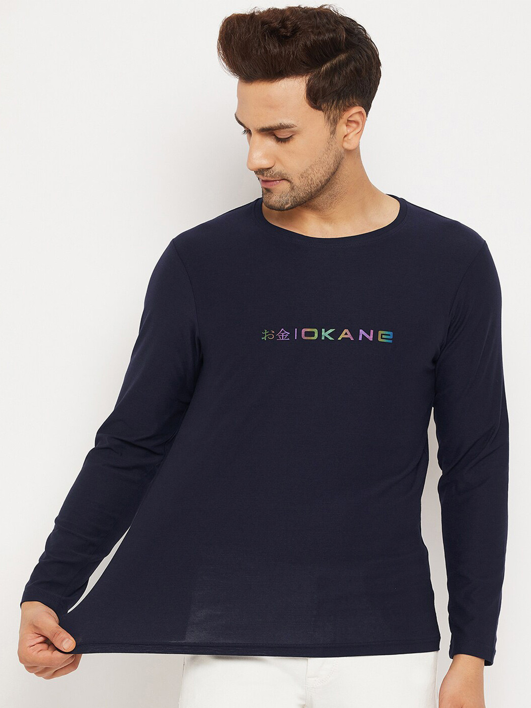 

Okane Men Navy Blue Typography T-shirt