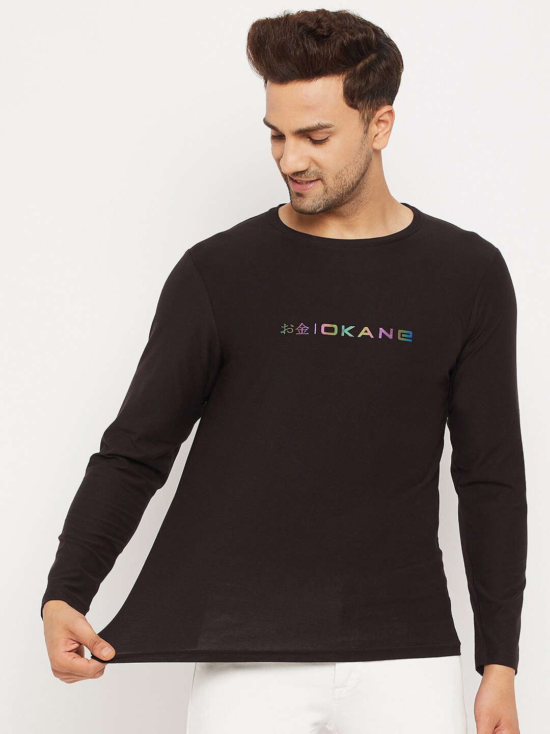 

Okane Men Black Cotton Typography T-shirt