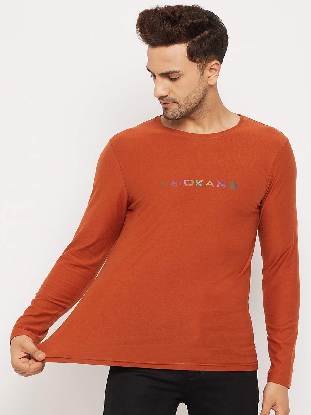 

Okane Men Cotton Elastane Rust Typography T-shirt