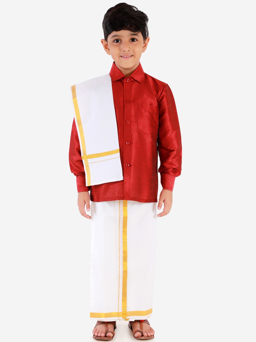 

VASTRAMAY Boys Maroon & White Shirt with Vesthi