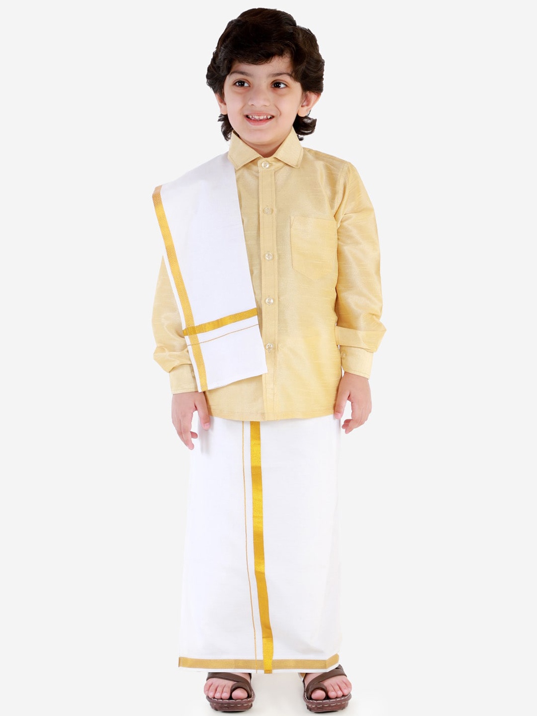 

VASTRAMAY Boys Gold And White Ethnic Shirt And Vesthi