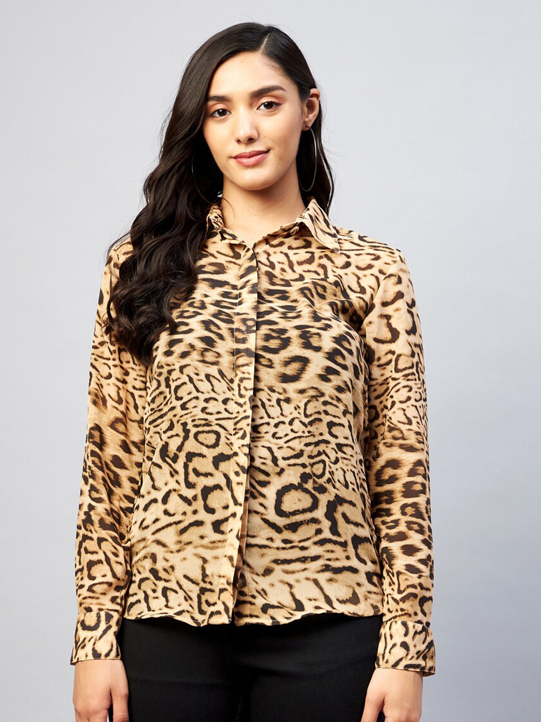 

DELAN Women Beige Relaxed Slim Fit Animal Sheer Printed Casual Shirt
