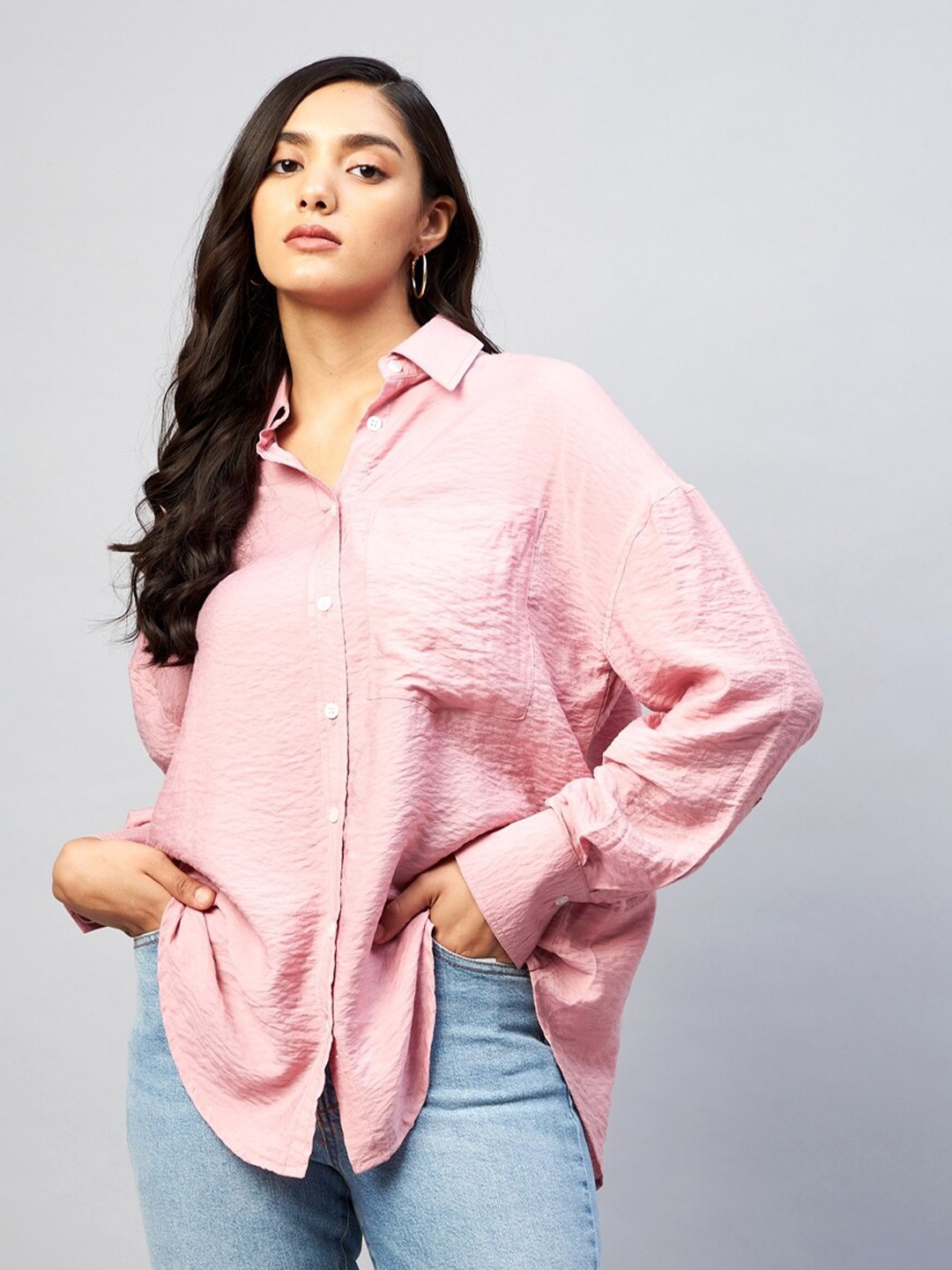 

DELAN Women Peach-Coloured Relaxed Boxy Casual Shirt