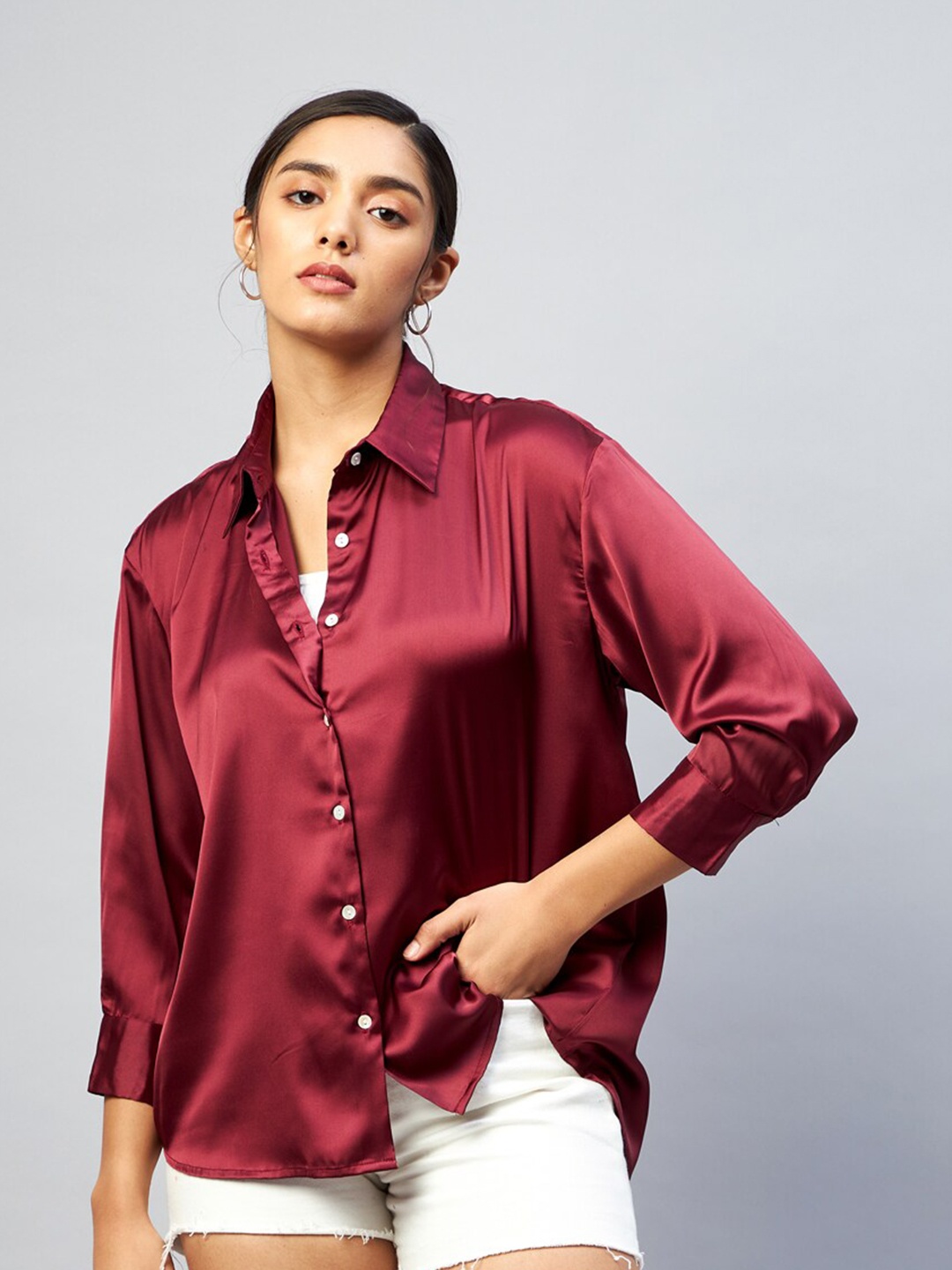 

Delan Women Maroon Relaxed Boxy Casual Shirt