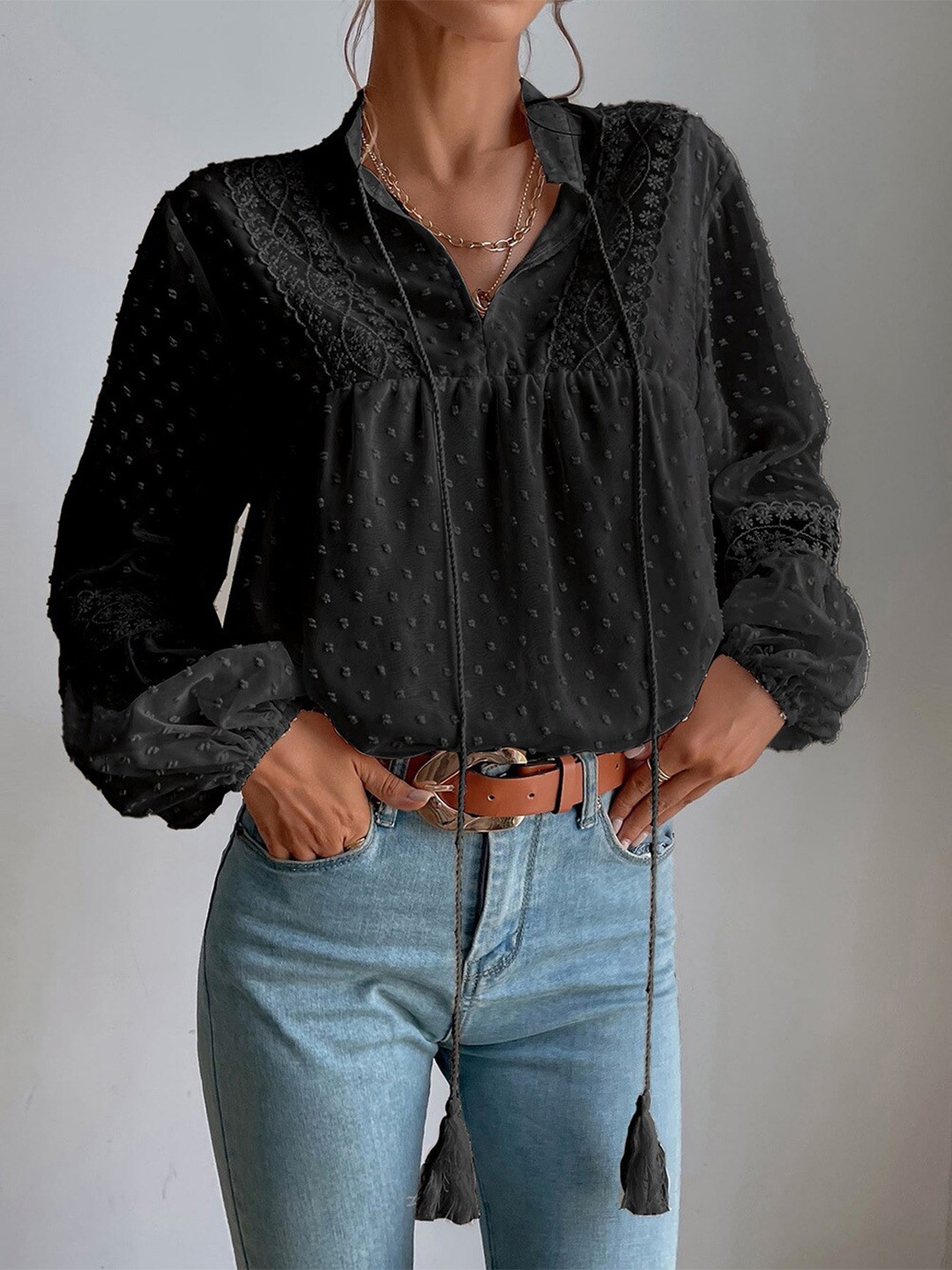 

StyleCast Black Tie-Up Neck Bishop Sleeves Top
