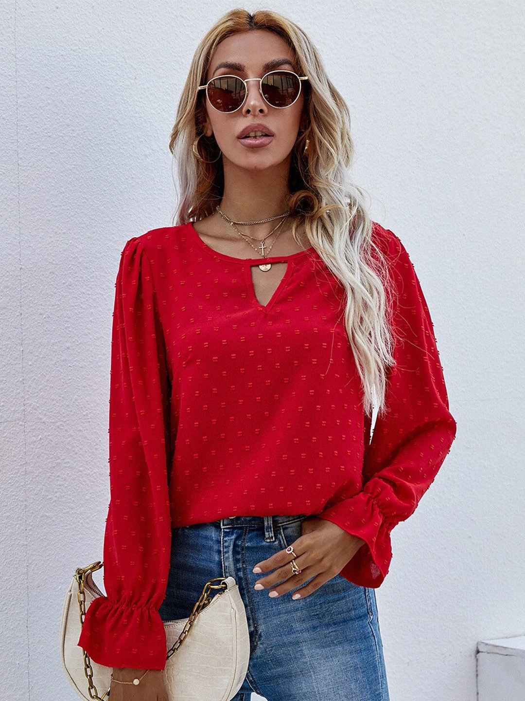 

BoStreet Red Self Design Keyhole Neck Top